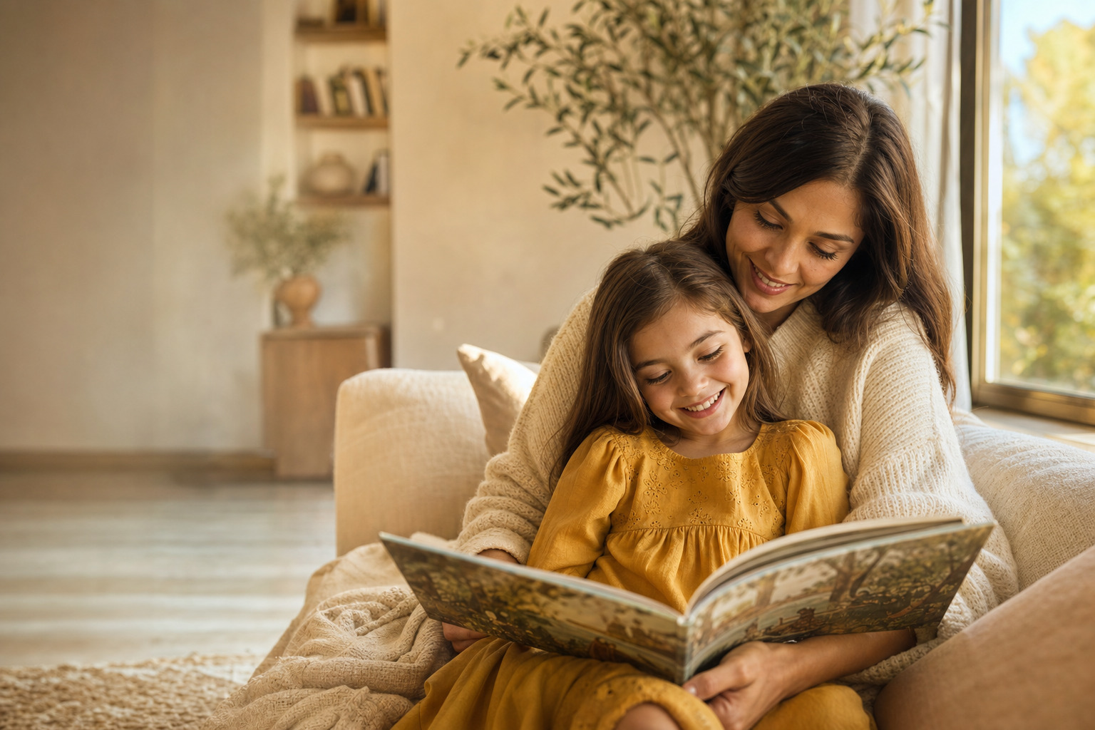 Mother and daughter reading a storybook together on a cozy couch at home